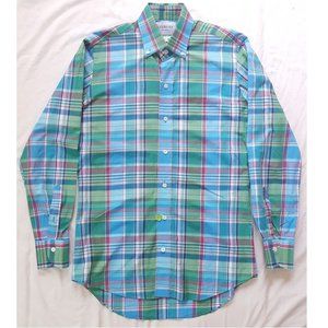 Ledbury Slim Fit Linen Blend Button Up Shirt Green Plaid Men's Size Small 15